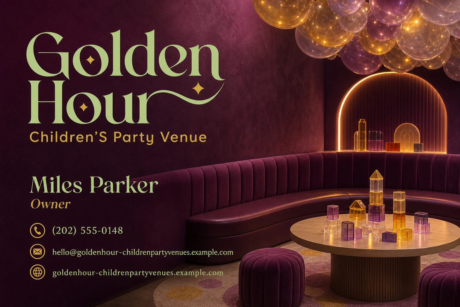 children's party venue business card template: promote party package enquiry
