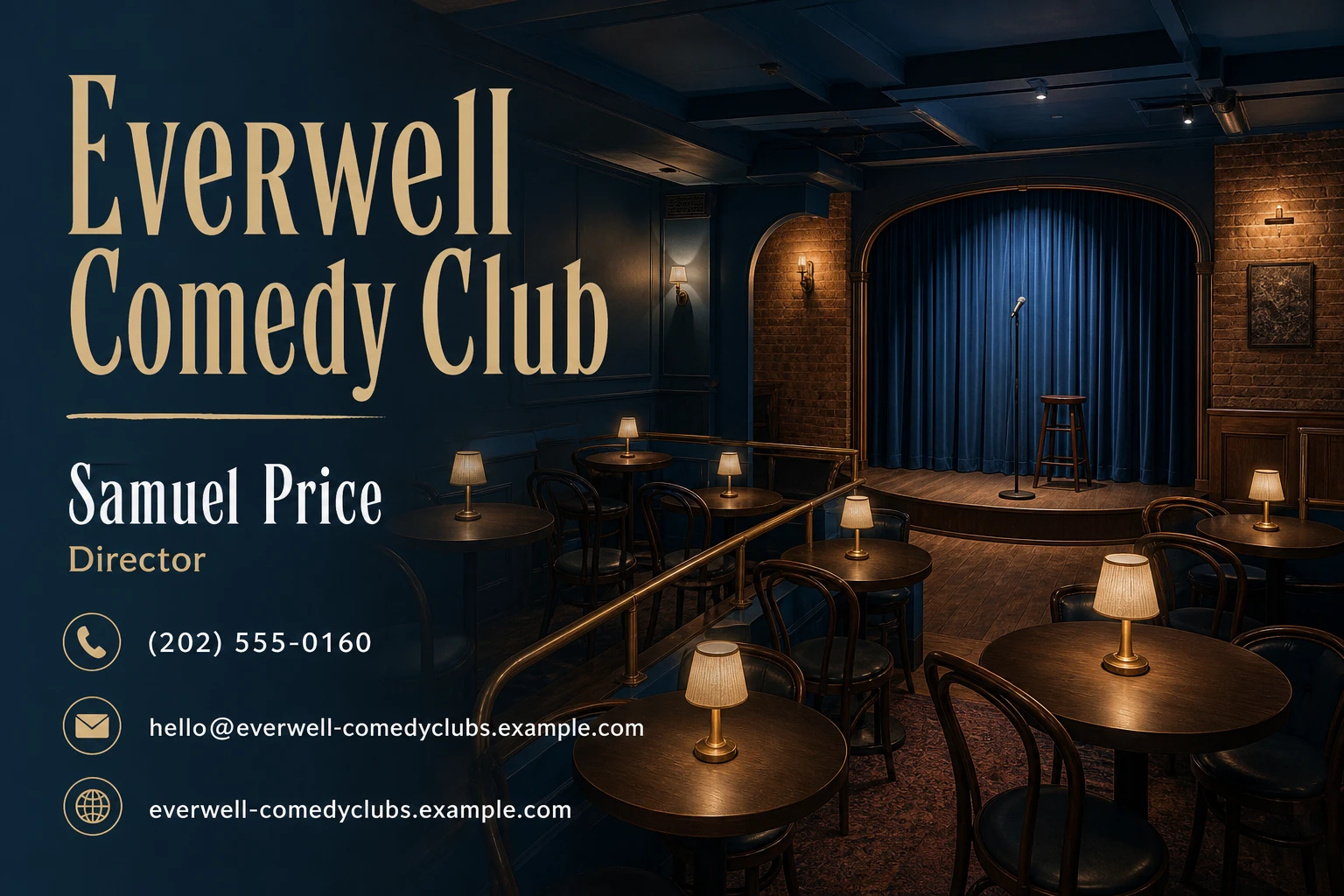 comedy club business card template: promote show ticket booking