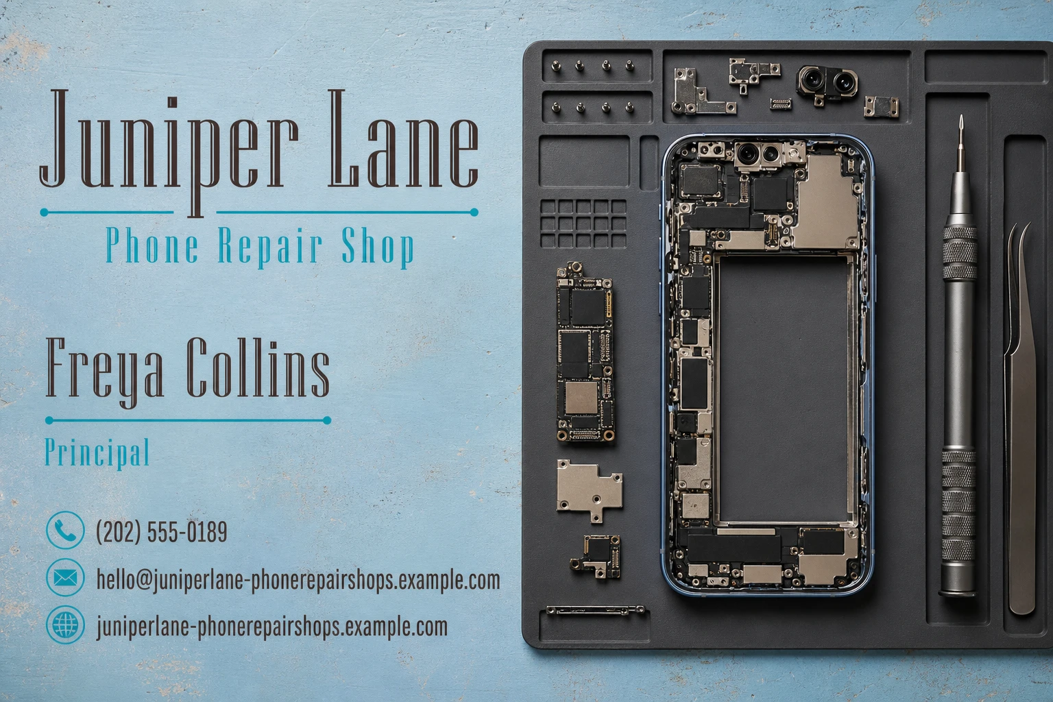 phone repair shop business card template: promote device repair booking